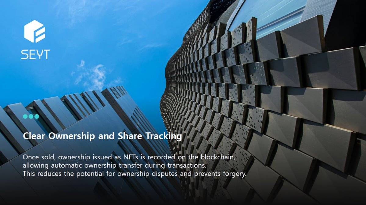 SEYT_Official's tweet photo. ⚙️Clear Ownership and Share Tracking

Once sold, ownership issued as NFTs is recorded on the blockchain, allowing automatic ownership transfer during transactions.
This reduces the potential for ownership disputes and prevents forgery.

#SEYT https://t.co/L7sl0wAMlW