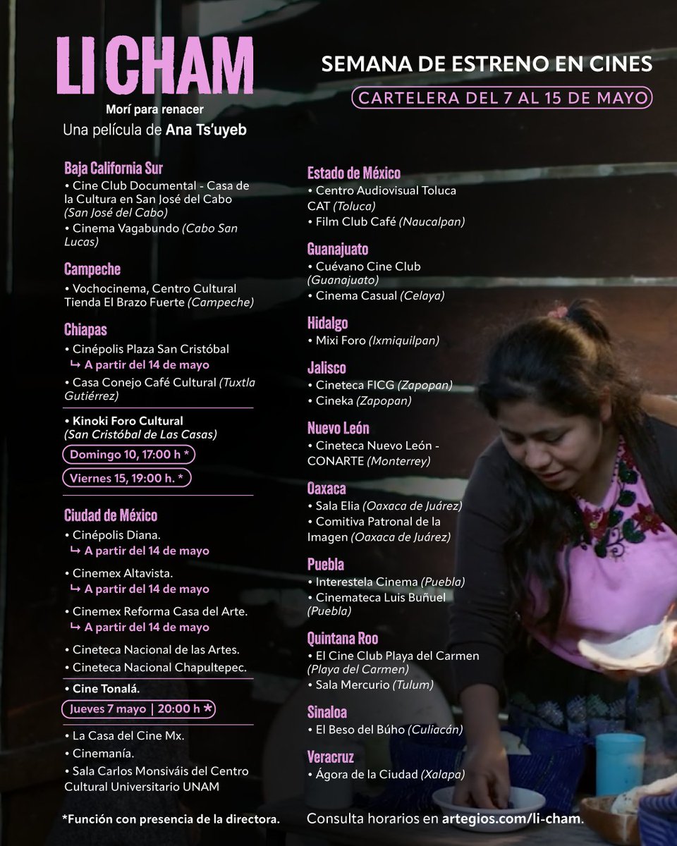 ¡Celebramos el estreno de #LiCham en cerca de 20 ciudades de México! 💜🌱

​La obra de Ana Ts'uyeb, mejor documental en el <a href="/FICM/">Morelia Film Fest</a>, es la crónica de tres mujeres que decidieron morir al pasado para renacer en autonomía y defensa de su tierra.

Más info en: artegios.com/li-cham