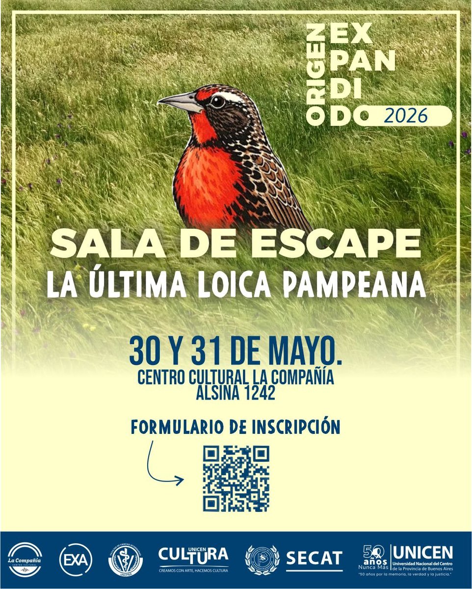 may_Is62's tweet photo. Proyecto ganador de la convocatoria Origen Expandido 2026 de la @UNICEN_Oficial  
Vení con tu equipo a descubrir de qué se trata!! 🐦‍⬛🪹🌾🦊
@FCEx_UNICEN @fcv
#Tandil #universidad #ciencia #arte #juego #CPC #scaperoom #loicapampeana #avesdelpastizal #conservación #cultura https://t.co/FAl46jpaMg