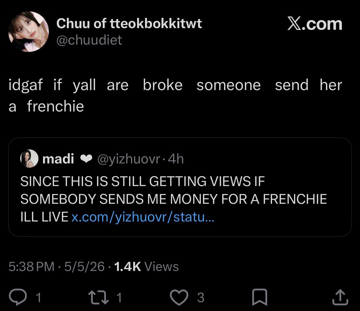 okaycatputer's tweet photo. @yizhuovr oooh so close! you actually said you wouldn’t kill yourself if people sent you money so you could buy a dog. inherently tweeting about starving and killing yourself IS begging for attention. i was 18 and stupid as fuck once too LMFAO. i wish u the best girly 😭 https://t.co/Dl1zZzXVCu