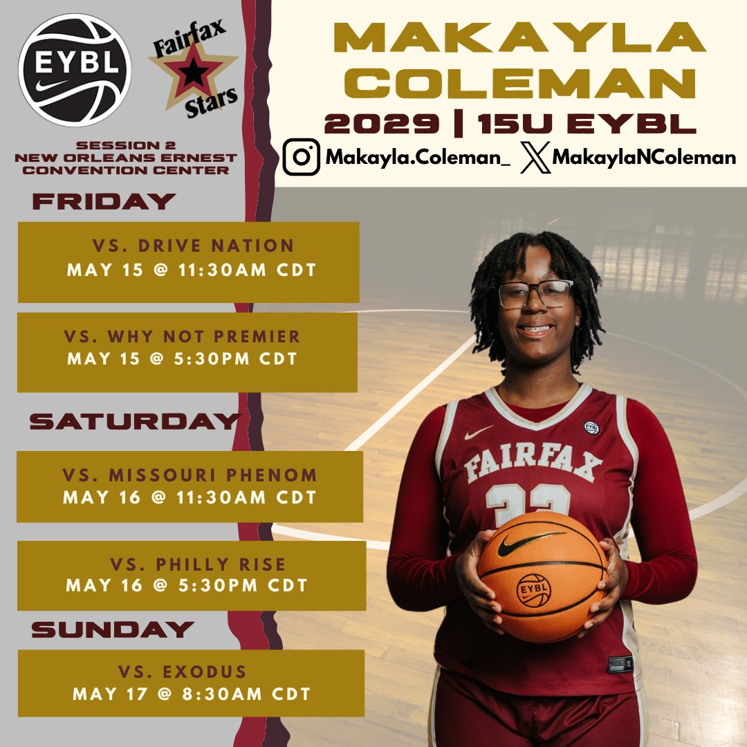 MakaylaNColeman's tweet photo. Nike EYBL Session 2 — New Orleans Convention Center, May 15 - 17.
Live streaming: https://t.co/ExVsmRCGNf
#EYBL #FairfaxStars #Hooper #dmvhoops https://t.co/0H8PMxn64z