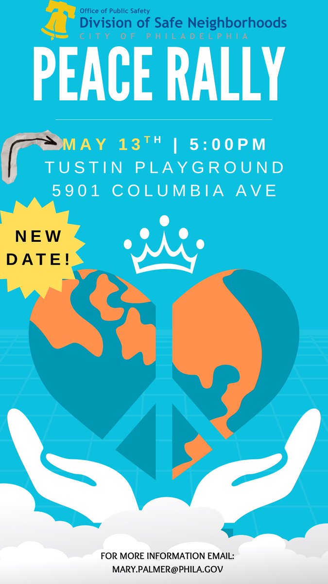 PPD19Dist's tweet photo. 🚨 New Date Alert 🚨
Our Community Peace Rally has officially been rescheduled! Join us as we come together to promote peace, unity, and positivity throughout our neighborhood. 💙✌🏾@ppdmarcmetellus @PPDComPrtBureau @19thPDAC @PhillyPolice https://t.co/8dfGvXNf4j