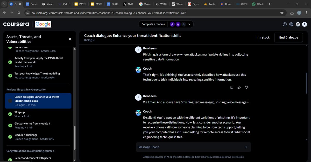 Ibroheeeem's tweet photo. D44/ #100DaysInCybersecurity Completed Course 5✅
Learned asset protection, NIST framework, encryption, access controls, vulnerabilities, CVE, & major threats like phishing, malware & web attacks.
Also explored defense-in-depth & threat modeling
@akintunero @ireteeh @Kayzo_Banty https://t.co/8EvOXhSWQZ