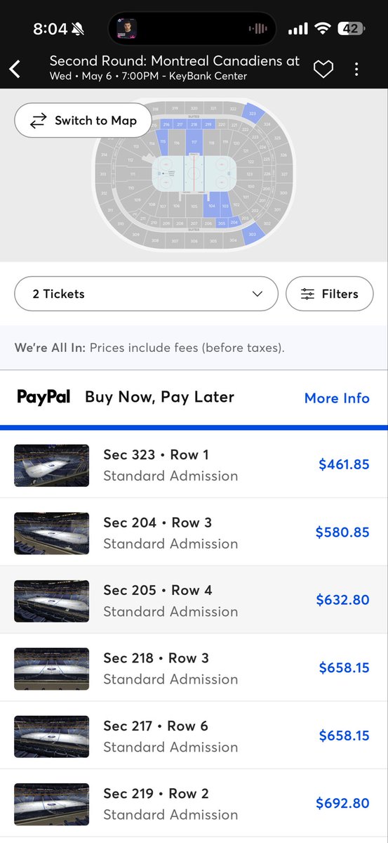 kkrawz's tweet photo. @PeteGuelli can you explain the thought process behind price gouging your own fans? $426 for a seat in game 1 of the 2nd round. Not even an elimination game. Price was $130 to get in last round and now is $280 minimum? I don’t understand. https://t.co/xOggIix7Xp