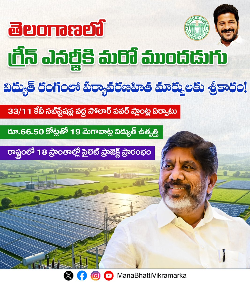 ManaBVikramarka's tweet image. తెలంగాణలో
గ్రీన్ ఎనర్జీకి మరో ముందడుగు

విద్యుత్ రంగంలో పర్యావరణహిత మార్పులకు శ్రీకారం!

33/11 కెవి సబ్‌స్టేషన్ వద్ద సోలార్ పవర్ ప్లాంట్ ఏర్పాటు

రూ.66.50 కోట్లతో 19 మెగావాట్ల విద్యుత్ ఉత్పత్తి

రాష్ట్రంలో 18 ప్రాంతాల్లో పైలట్ ప్రాజెక్ట్ ప్రారంభం

#GreenEnergy #SolarPower