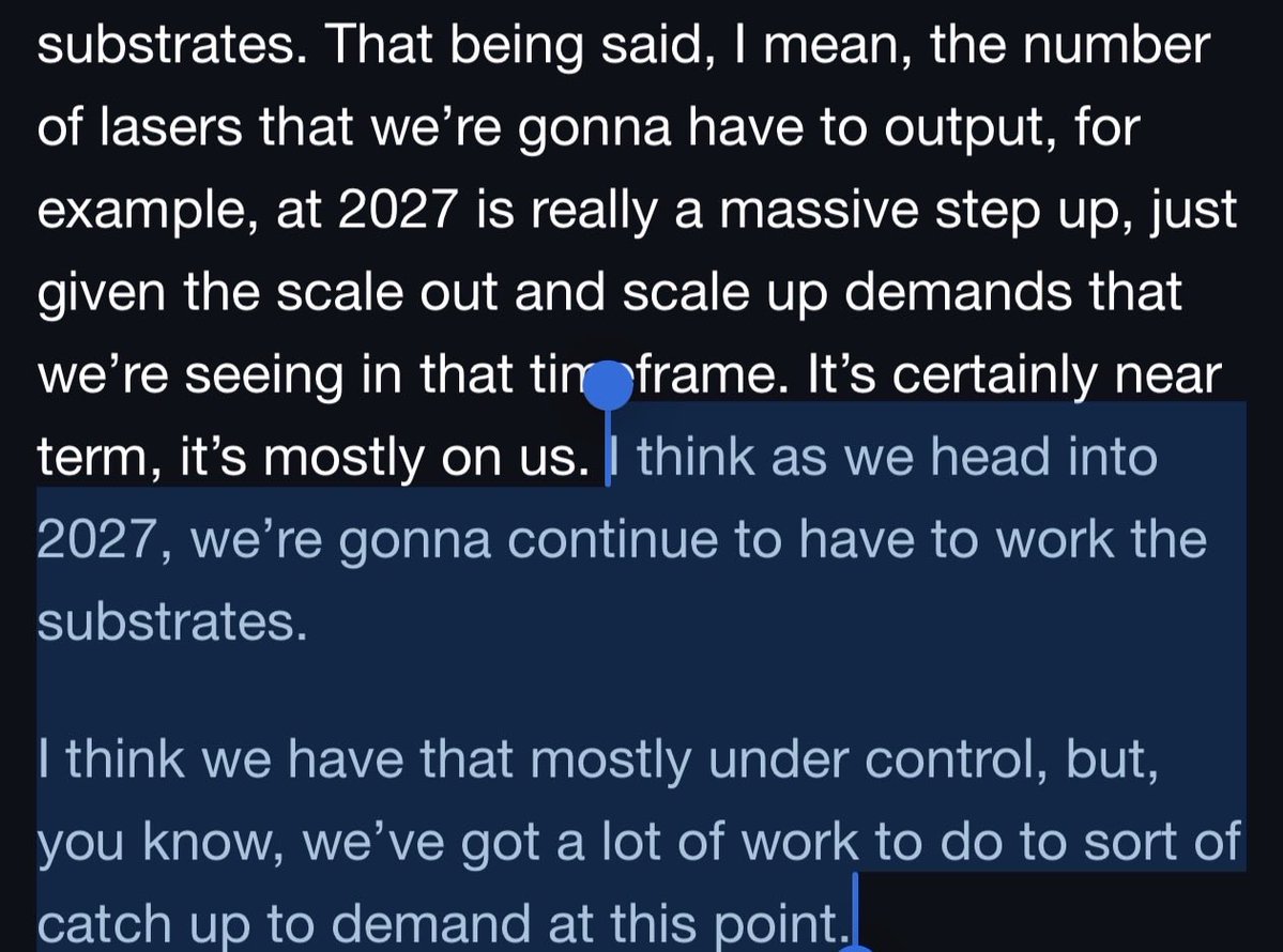I think this is just $LITE corporate wording for:

“We don’t have enough InP substrates”. 

Remember I sad last year that as photonics ramps up, $AXTI will just keep growing as a critical bottleneck?
