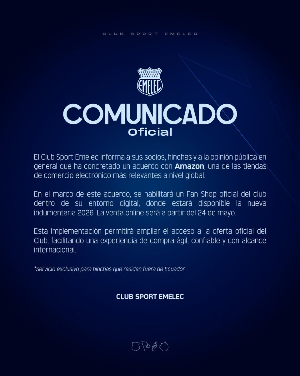 Josem79's tweet photo. @CSEmelec llega a un acuerdo con #Amazon para habilitar un #FanShop para la venta de la nueva indumentaria del #Bombillo https://t.co/CbbkKZJ89M