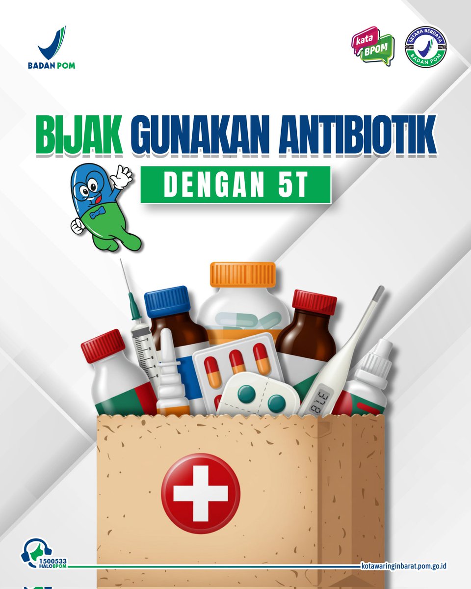 bpomkobar's tweet photo. Halo,  #SahabatBPOM, Antibiotik bukan obat sembarangan ya! Terapkan 5T dalam penggunaannya :
💊 Tanpa resep? Jangan!
💊 Tidak untuk selain infeksi bakteri
💊 Tidak disimpan di rumah
💊 Tidak dibagikan ke orang lain
💊 Tanyakan ke apoteker https://t.co/0PVG0E9kzx