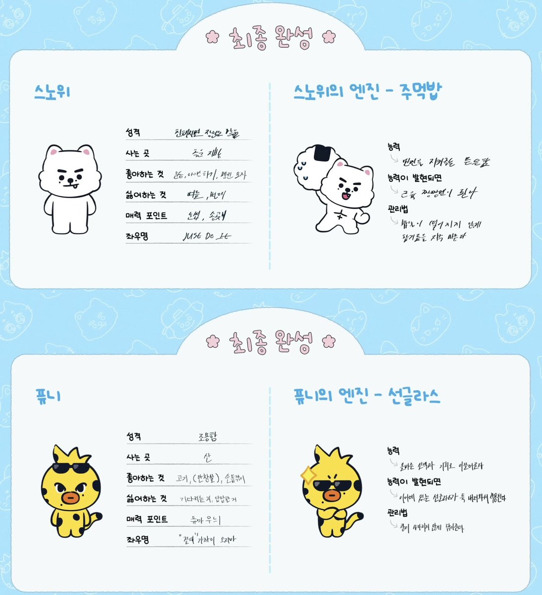 120809gallery's tweet photo. snowe & pu-ni’s completed profile 

🍙 snowe
— personality: friendly, playful, a bit shy
— residence: snowy region
— likes: exercise, ice, penguin hat
— dislikes: summer, bugs
— charming points: eyebrows, fangs
— motto: just do it

🐥 pu-ni
— personality: quiet, calm
— residence: mountains
— likes: meat, nail clippers
— dislikes: waiting, boredom
— charming points: puma pattern
— motto: “don’t come any closer”