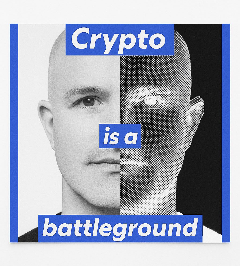 warhodl's tweet photo. crypto is a mf battleground 

salute @brian_armstrong 

doing of a few of these on founders in the space 

“COINBASE”
5 x 5 ft 
acrylic/mixed media on canvas 
matching 1/1 NFT 
available now https://t.co/IYiAuqNA2C