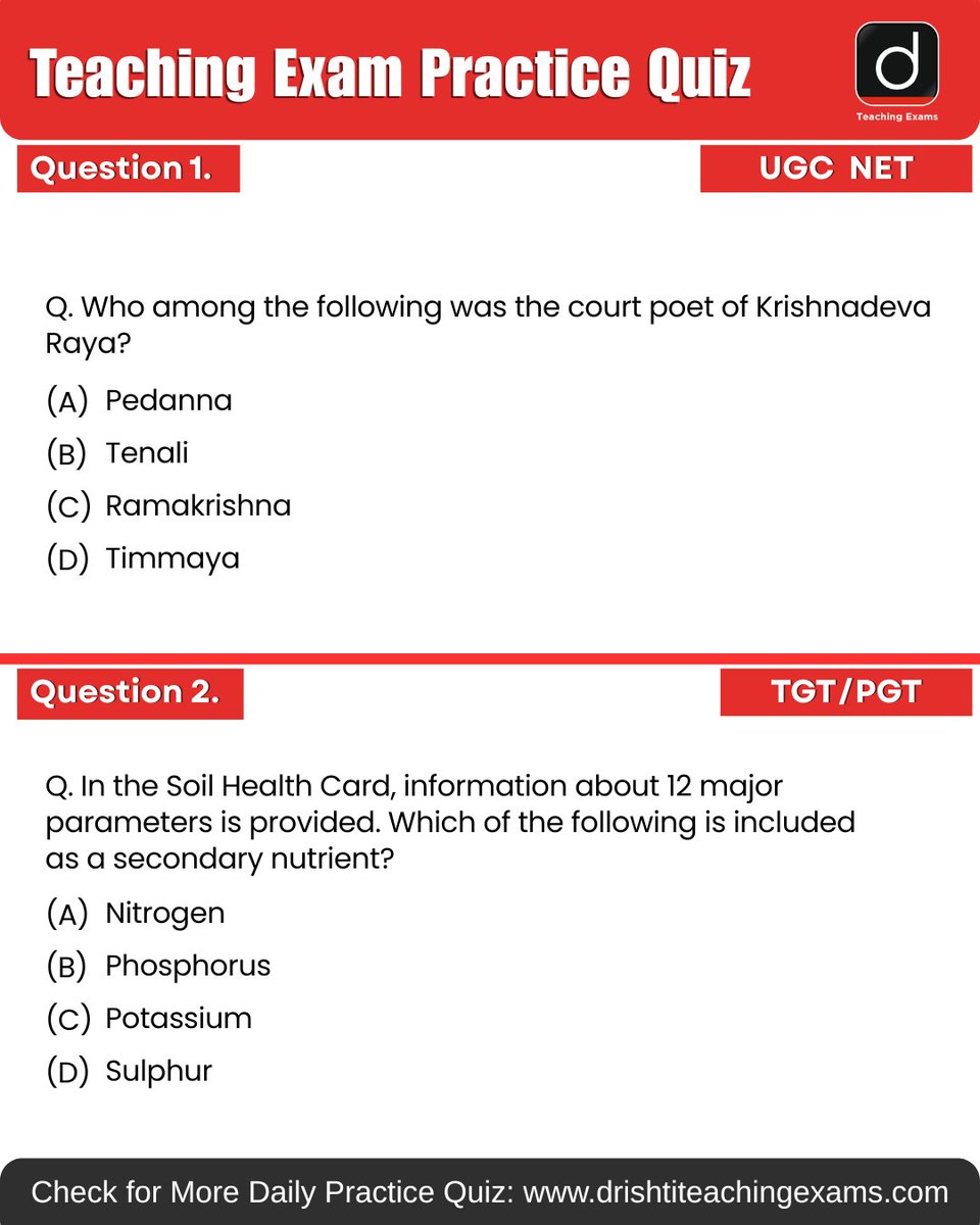 Drishtiteaching's tweet image. Today’s daily practice quiz is here 📚 Try it and check your score!

More such available on Drishti Teaching Exams Website for daily practice.

#UGC #TET #TGT #PGT #BiharTeaching #MCQ #PracticeQuiz #PYQ #TeachingMCQ #DrishtiTeachingExams