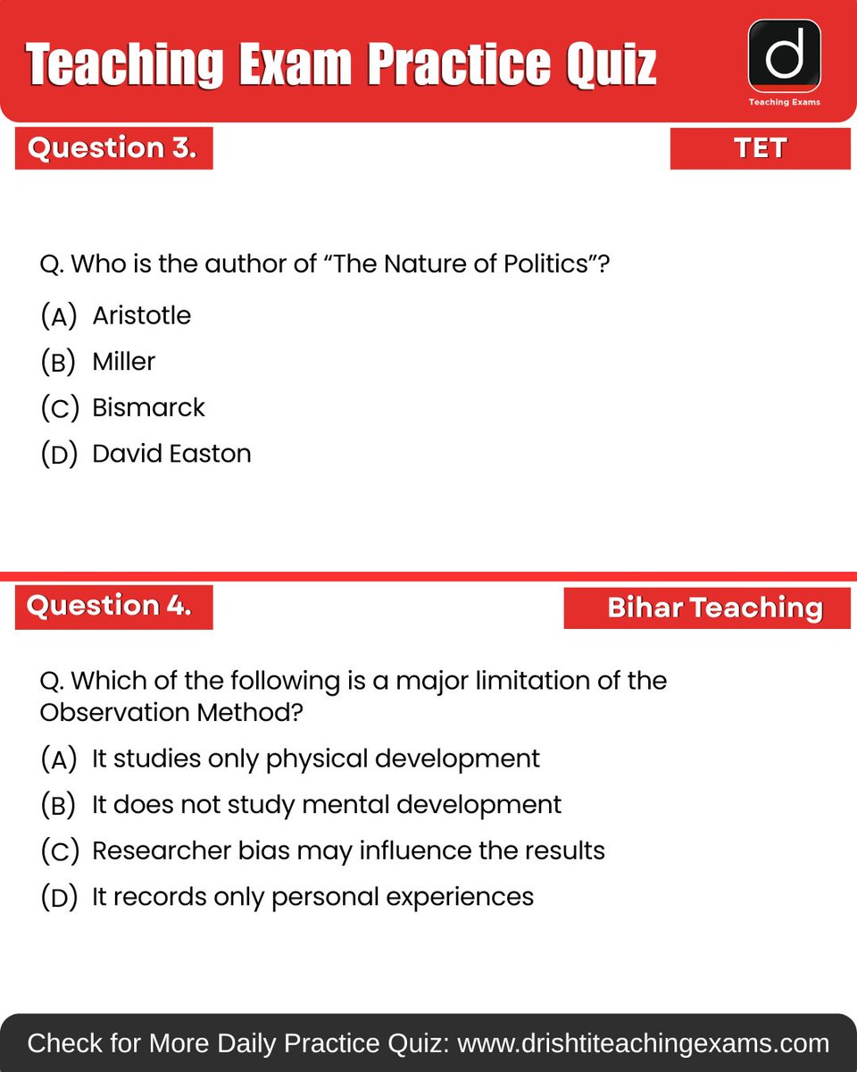 Drishtiteaching's tweet image. Today’s daily practice quiz is here 📚 Try it and check your score!

More such available on Drishti Teaching Exams Website for daily practice.

#UGC #TET #TGT #PGT #BiharTeaching #MCQ #PracticeQuiz #PYQ #TeachingMCQ #DrishtiTeachingExams