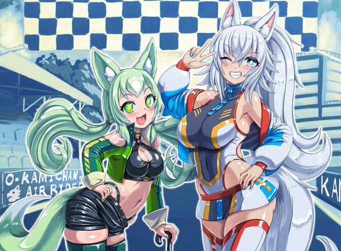 エアライダーで新衣装着てるピーコちゃんに対抗してレースクイーンっぽい格好をするシバカミちゃんとカミンちゃん #シバカミ絵