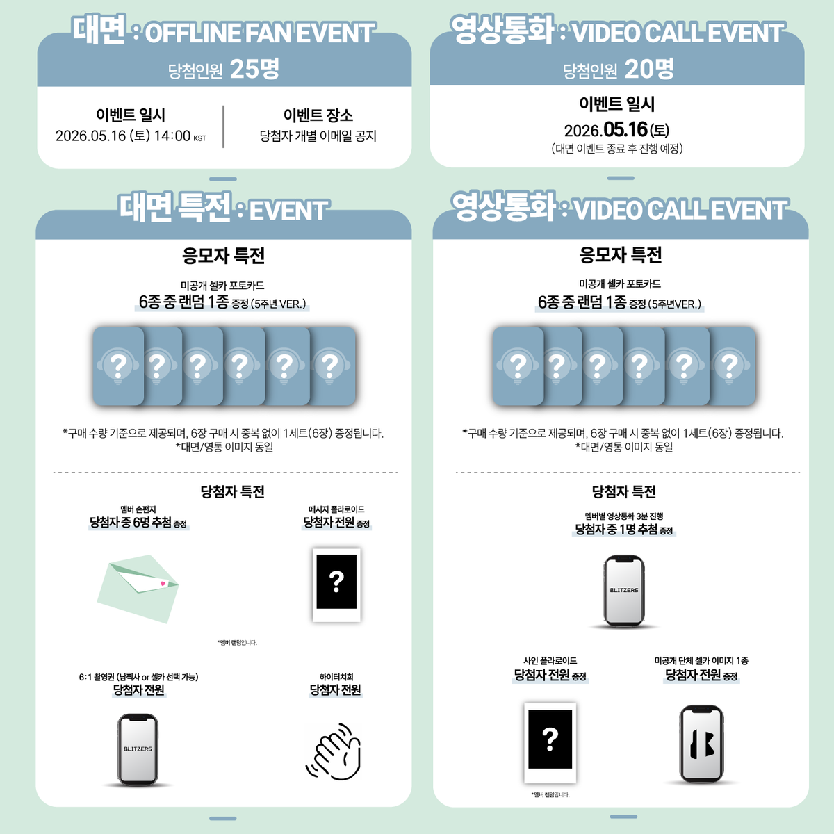 beatroadevent's tweet photo. [🔈] #블리처스 #BLITZERS @WUZO_BLITZERS

BLITZERS 5th ANNIVERSARY FAN SIGN & VIDEO CALL EVENT 공지

블리처스의 5살을 축하해주세요🥳
팬사인회와 하이터치부터 오랜만에 보는 완전체 무대, 멤버들이 준비한 블리를 위한 타임까지! 함께해요💖

[🗓이벤트 일시]
26년 05월 16일 (토) 14:00 PM (KST) ~

[⏰응모기간]
05/06 (수) 15:00 PM ~ 05/10 (일) 23:59 PM (KST)

🌈대면 응모자 전원 미공개 포토카드 6종 중 1종 증정(5주년 ver.)
🌈영통 응모자 전원 미공개 포토카드 6종 중 1종 증정(5주년 ver.)
*대면/영통 이미지 동일
💗대면 당첨자 6명 추첨 멤버 손편지 증정
💗대면 당첨자 전원 메시지 폴라로이드 1종 증정
💗대면 당첨자 전원 6:1 촬영권 (남찍사 or 셀카 선택 가능)
💗대면 당첨자 전원 퇴장 시 하이터치회
💗영통 당첨자 1명 추첨 멤버당 영상통화 3분 진행
💗영통 당첨자 전원 사인 폴라이드 1종 증정 
💗영통 당첨자 전원 미공개 단체 셀카 이미지 1종 증정

[👉구매 바로가기]
🔗KR https://t.co/i6L8smw5RH
🔗GLOBAL https://t.co/IgIMtidKJj

#BEATROAD #비트로드