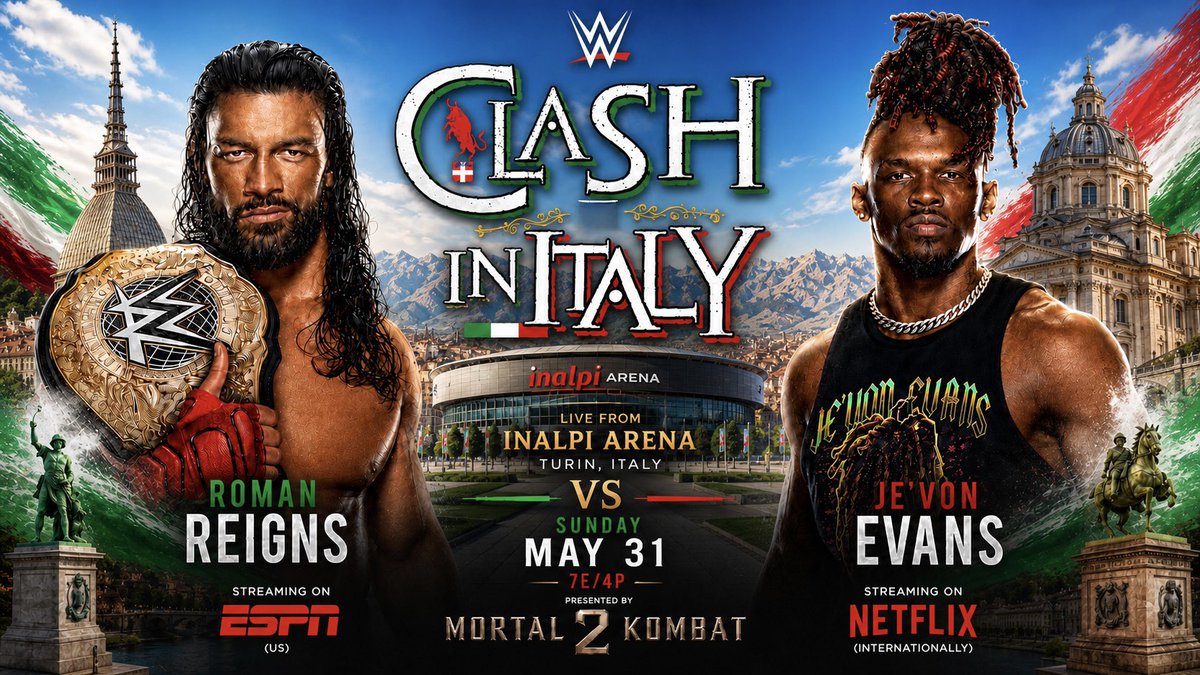 Popplayzz1's tweet photo. Roman Reigns vs Je’Von Evans.

Clash in Italy.

Absolute Banger. https://t.co/Hb7hvSvj2v