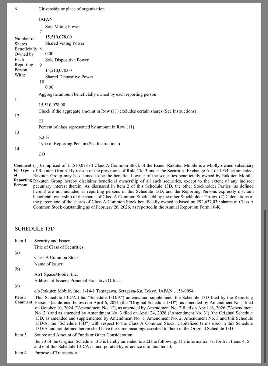 realjoncooper's tweet photo. $ASTS One of the biggest overhangs on the stock may have just cleared.

Rakuten’s filing states the trading plan has been completed and all planned sale shares were sold.

That’s why many bulls are viewing this as:

🔥 Seller exhaustion
🔥 Reduced overhang
🔥 Cleaner setup going into major catalysts

And what’s ahead?

🛰️ Satellite shipments
🚀 Faster launch cadence
📡 FirstNet + government opportunities
🛡️ Golden Dome / defense potential
💰 Revenue ramp phase

Sometimes the end of forced selling is the beginning of the real move. 🦾