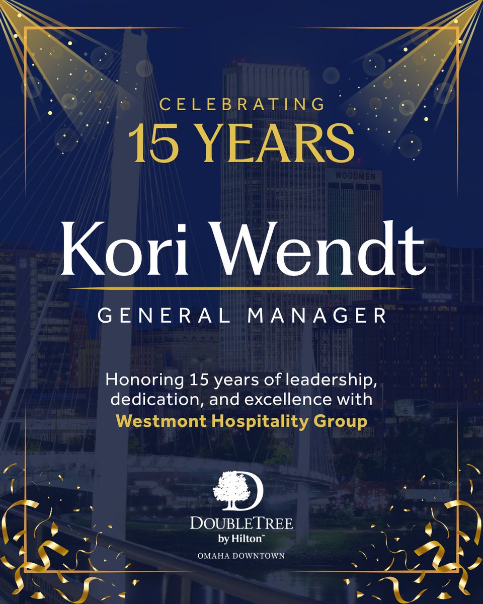 DoubleTreeOMA's tweet photo. Celebrating a special milestone 🎉 Congrats to our General Manager, Kori Wendt, on 15 years with Westmont Hospitality Group! Her leadership and dedication continue to elevate the guest experience at DoubleTree Omaha Downtown. Here’s to many more ahead 👏 https://t.co/VOJmzwXnPc
