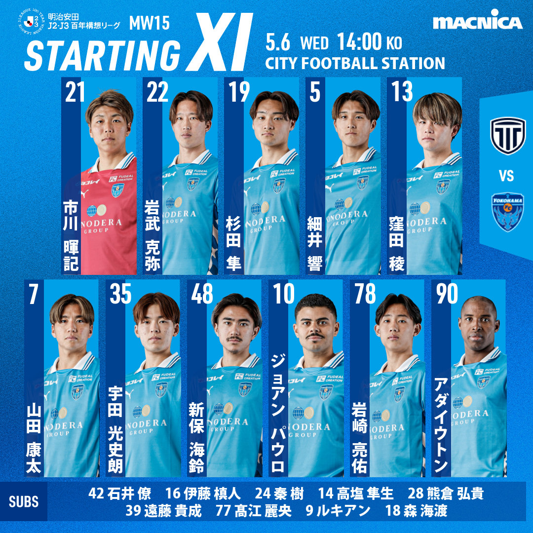 yokohama_fc's tweet photo. 🆚栃木シティ メンバー
GK 市川暉記
DF 岩武克弥 杉田隼 細井響
MF 窪田稜 山田康太 宇田光史朗 新保海鈴
FW ジョアンパウロ 岩崎亮佑 アダイウトン

SUBS 石井僚 伊藤槙人 秦樹 高塩隼生 熊倉弘貴 遠藤貴成 髙江麗央 ルキアン 森海渡

#yokohamafc #横浜FC #栃木C横浜FC https://t.co/LroJala99g