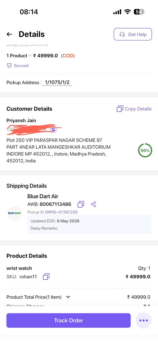 Mayank972's tweet photo. @BlueDart_ @BlueDartCares @ShiprocketIndia @ShiprocketCare why are you guys not not delivering the package , it’s COD worth 50k and the client has been calling me everyday . https://t.co/D3Vt22H1FM