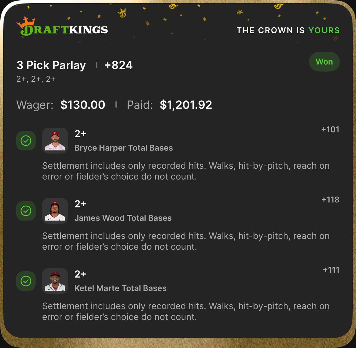 WiningPlaybook's tweet photo. Cinco De Mayo Bases Lay Cashes 💰🌮⚾️
Came short on the home runs but we keep moving📈
✅ Bryce Harper Cashed
❌ James Wood 20/30
❌ Ketel Marte 17/30

We stream live on Twitch every night doing research, breaking down the slate, and posting free plays 📊🔥
Free community Discord too 🤝
It’s a long season don’t miss out 👀
See y’all at 12AM EST 🎯
https://t.co/OqzIYkGAHo