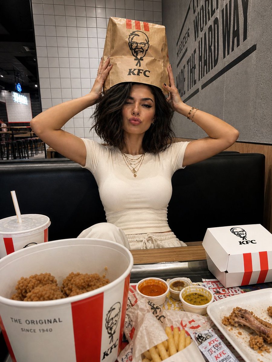 mehvishs25's tweet photo. GPT Image 2 on ChatGPT

Prompt;

Ultra-realistic iPhone-style photo set inside a KFC fast-food restaurant, with the subject’s identity preserved exactly as in the reference image.

A young woman is seated in a booth, photographed from across the table using a slightly wide, casual iPhone perspective. She is centered in the frame, leaning back comfortably while a messy spread of fast food fills the foreground.

Pose & expression:
She holds a brown KFC paper bag on top of her head with both hands, elbows angled outward. Her expression is playful and expressive; one eye closed in a wink, lips pushed into a soft pout, giving a mix of mock annoyance and cuteness.

Outfit & styling:
She wears a fitted white sleeveless top, paired with long, loose hair. Accessories are minimal, such as a delicate necklace or thin chain. Long, neatly styled nails add to the casual yet polished look.

Table details:
The table is filled with KFC-style food packaging, fried chicken bucket, fries, wrappers, branded paper cups with straws, dipping sauces, napkins, a tray liner with colorful graphic elements, and a slightly crumpled takeaway bag. The setup feels real and slightly messy, like an ongoing meal.

Environment:
A modern KFC interior featuring tiled walls mixed with darker textured surfaces, subtle wall graphics or lettering, booth seating, and a few tables or stools visible in the background. The atmosphere is authentic and everyday.

Camera & lighting:
Captured like a raw iPhone snapshot, slightly wide lens feel, overhead indoor lighting creating natural shadows, no heavy editing or filters. The image should feel spontaneous and unpolished.

Important notes:
Maintain the booth composition, bag-on-head pose, wink and pout expression, white sleeveless outfit, and messy fast-food foreground. Emphasize realism, natural skin texture, accurate packaging, no smoothing or beautification.

Format: 4K resolution, vertical aspect ratio.