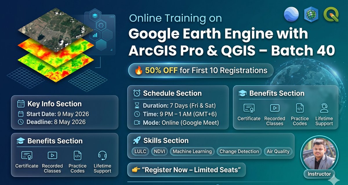 GISRSStudyHacks's tweet photo. π₯ Only a Few Seats area Available. Learn. Practice. Apply. Elevate your geospatial skills to the next level.
Registration link: https://t.co/O4AcVIerFn
#GoogleEarthEngine #RemoteSensing #GIS #Geospatial #ArcGISPro #QGIS #SpatialAnalysis #Geoinformatics #EarthObservation https://t.co/vF1Pvn1Oso
