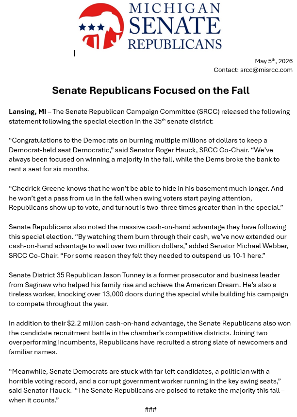 MISRCC's tweet photo. “Congratulations to the Democrats on burning multiple millions of dollars to keep a Democrat-held seat Democratic,” said Senator Roger Hauck, SRCC Co-Chair. “We’ve always been focused on winning a majority in the fall, while the Dems broke the bank to rent a seat for six months. https://t.co/hutEltt1XA