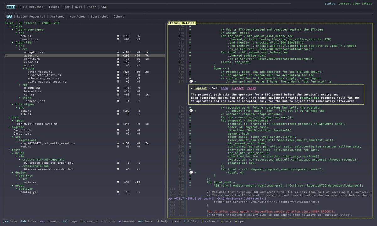 cyukang's tweet photo. 一直沉迷 TUI，五一假期花了点时间打磨 Github 工作流 TUI，基本日常所有操作都支持，diff review 代码、写 comment，甚至加 emoji 等等，数据本地会做缓存，但会及时从远程更新，所以体验上非常快 https://t.co/cR0MK3mUaW https://t.co/uL0tZe6DzM