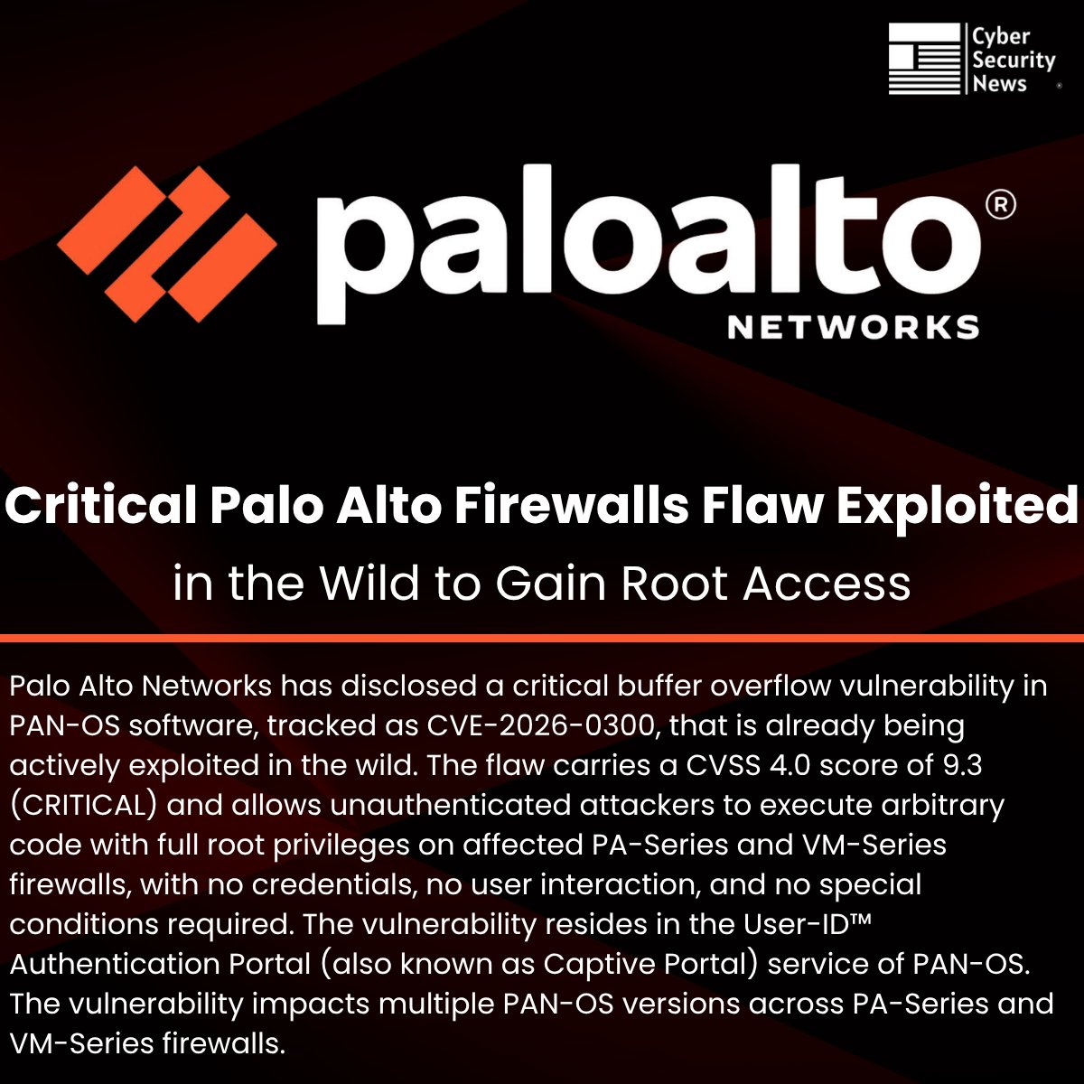 🚨 Critical Palo Alto Firewalls Vulnerability Exploited in the Wild to Gain Root Access 

Source: cybersecuritynews.com/palo-alto-fire…

Palo Alto Networks has disclosed a critical buffer overflow vulnerability in PAN-OS software, tracked as CVE-2026-0300, that is already being actively