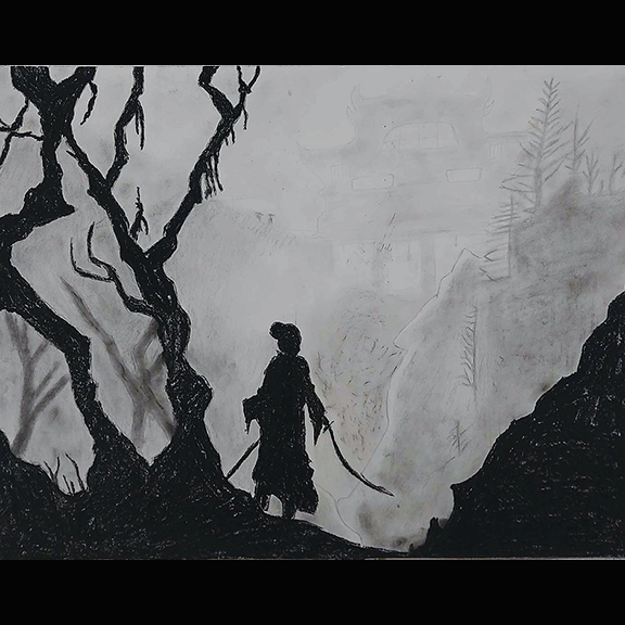 DJCrispArt's tweet photo. Really leaned into the atmosphere w/ charcoal for this piece. It was the perfect medium to capture that heavy shadow and the ghostly feel of the castle in the background. What do you think of the mood?

#CharcoalArt #Drawing #Samurai #GrittyRealism #DarkArt #OntarioArtist https://t.co/lTQwFPyRBO