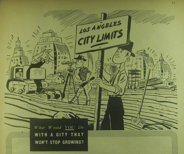 shelbygrad's tweet photo. Before NIMBYs and slow-growthers, @latimes celebrated a city that would never stop growing (and would die if it did!) This from a 1945 Times ad making that case https://t.co/VdjIxUt6Al