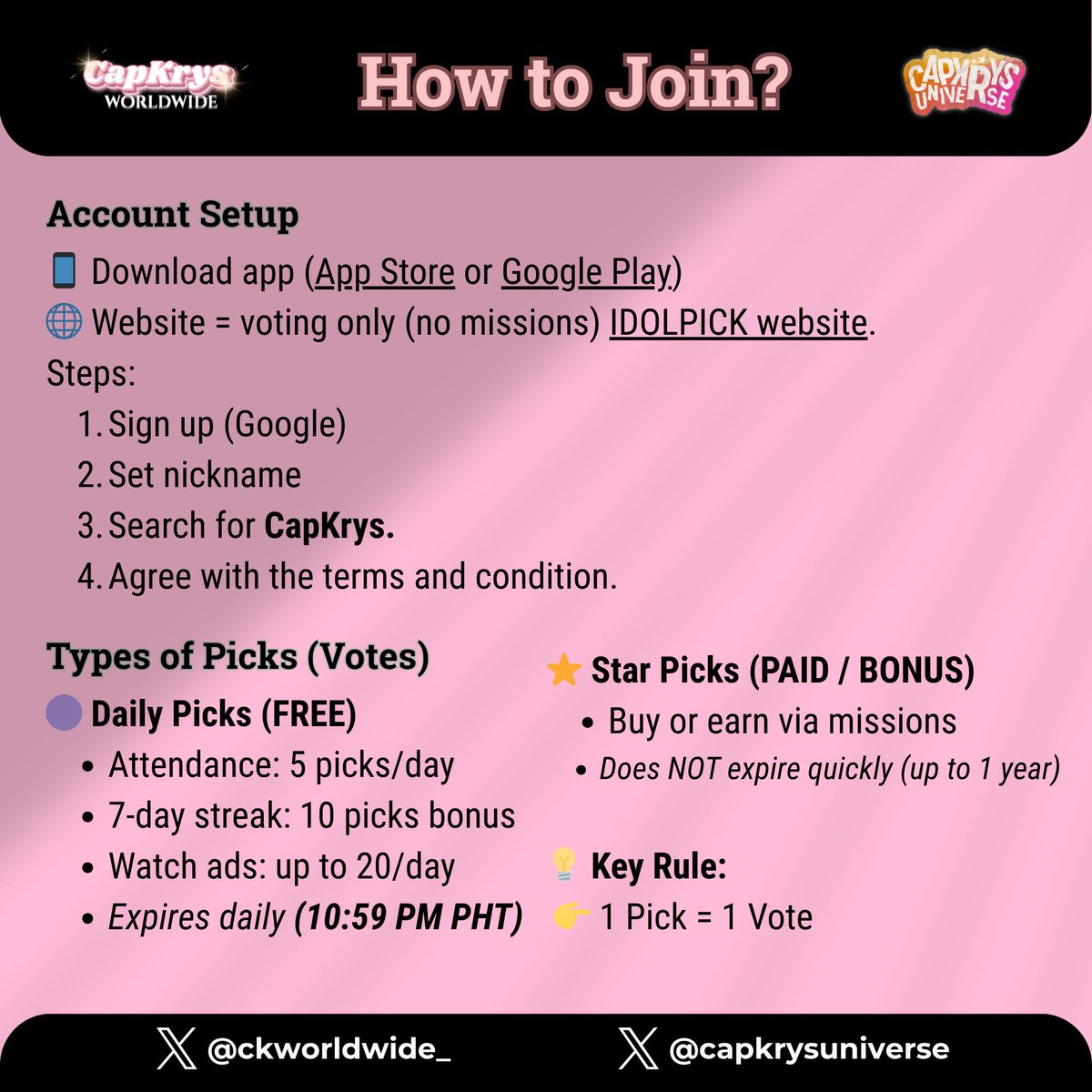 ckworldwide_'s tweet photo. 📣 ATTENTION PASSENGERS 📣

Calling all sparCKles ✨ 
Our pilots, #CapKrys, are still leading the IdolPick voting! Flight CKWW 1107 is now preparing to take-off to our next goal 🛫

Show your love and vote CapKrys on IdolPick now! 🖤🩷

The cabin crew together with @capkrysuniverse wishes everyone to continue cruising until we arrive at our destination. Should the cabin experience sudden turbulence from strong winds, stay calm, remember to fasten your seatbelts and keep on voting!

We may be flying for a while, but our destination is still far ahead. Have a safe flight — smooth skies and a safe landing! ✈️🚀

#KrystalMejes
#CapriceCayetano 
#CKWordWide