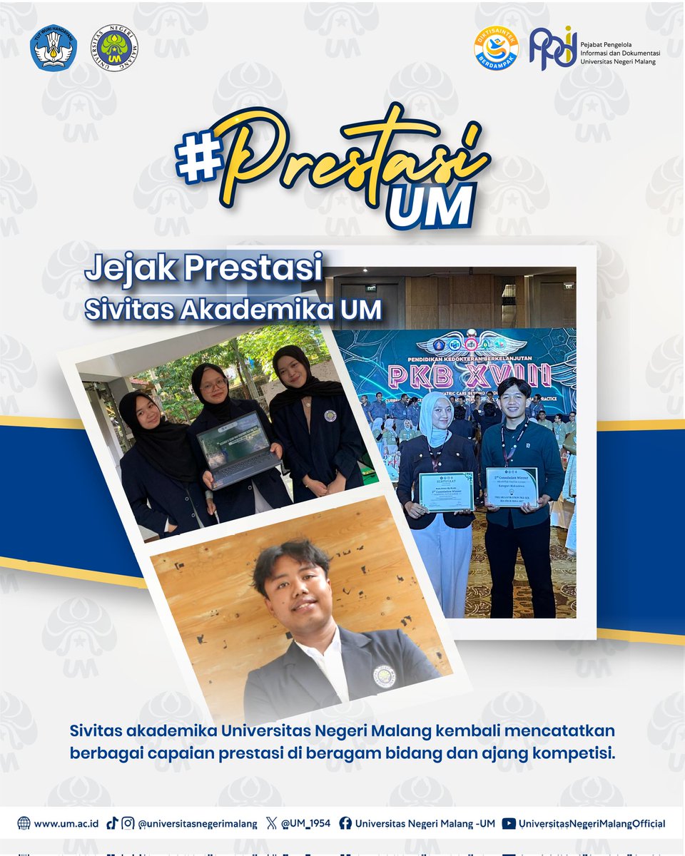 UM_1954's tweet photo. #PrestasiUM
Selamat dan sukses kepada para Mahasiswa UM atas capaiannya meraih berbagai prestasi yang luar biasa!ππ»
Semoga dapat terus menginspirasi dan mengharumkan nama kampus tercintaβ¨
#UM
#universitasnegerimalang
#ExcellenceInLearningInnovation
#KampusBerdampak https://t.co/y4pUUM6U5P