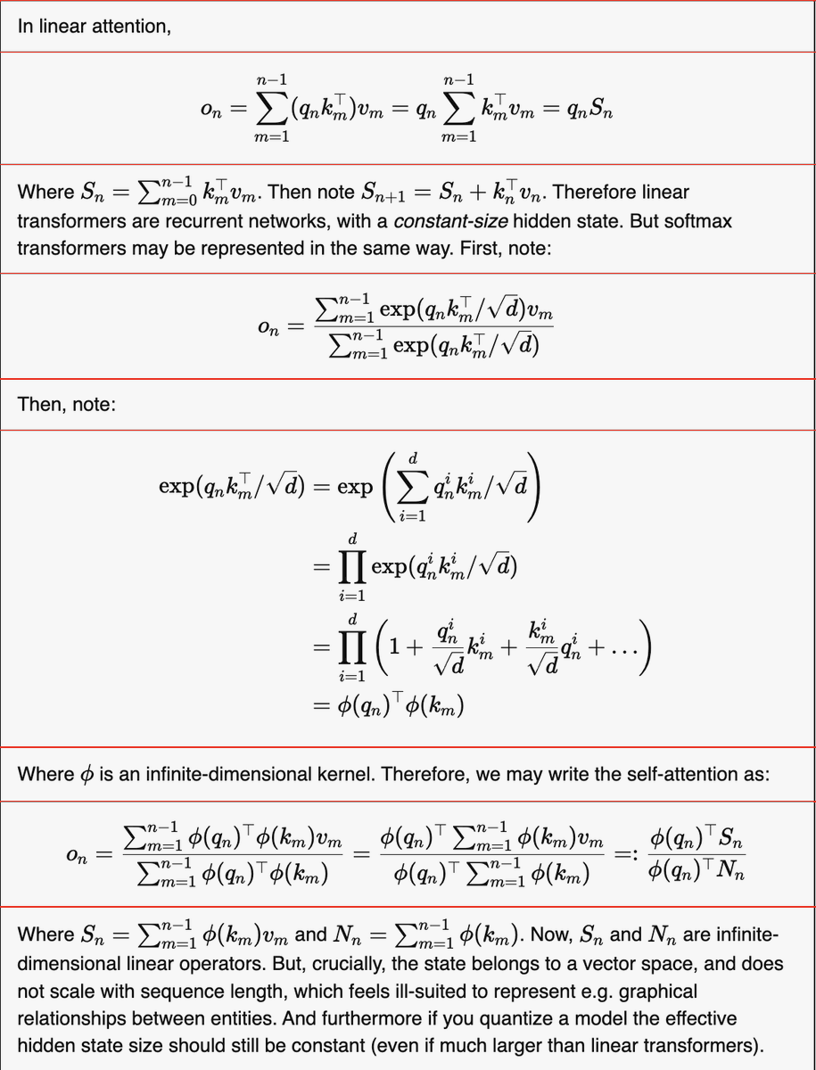 fatemi_michael's tweet photo. Shouldn't the linearizability of softmax attention imply some fundamental bottleneck of transformer retrieval, at least qualitatively? I first saw this in Katharopoulos et al. (2020), although it's older. I wrote a quick derivation here for context. https://t.co/7SeKus89r4