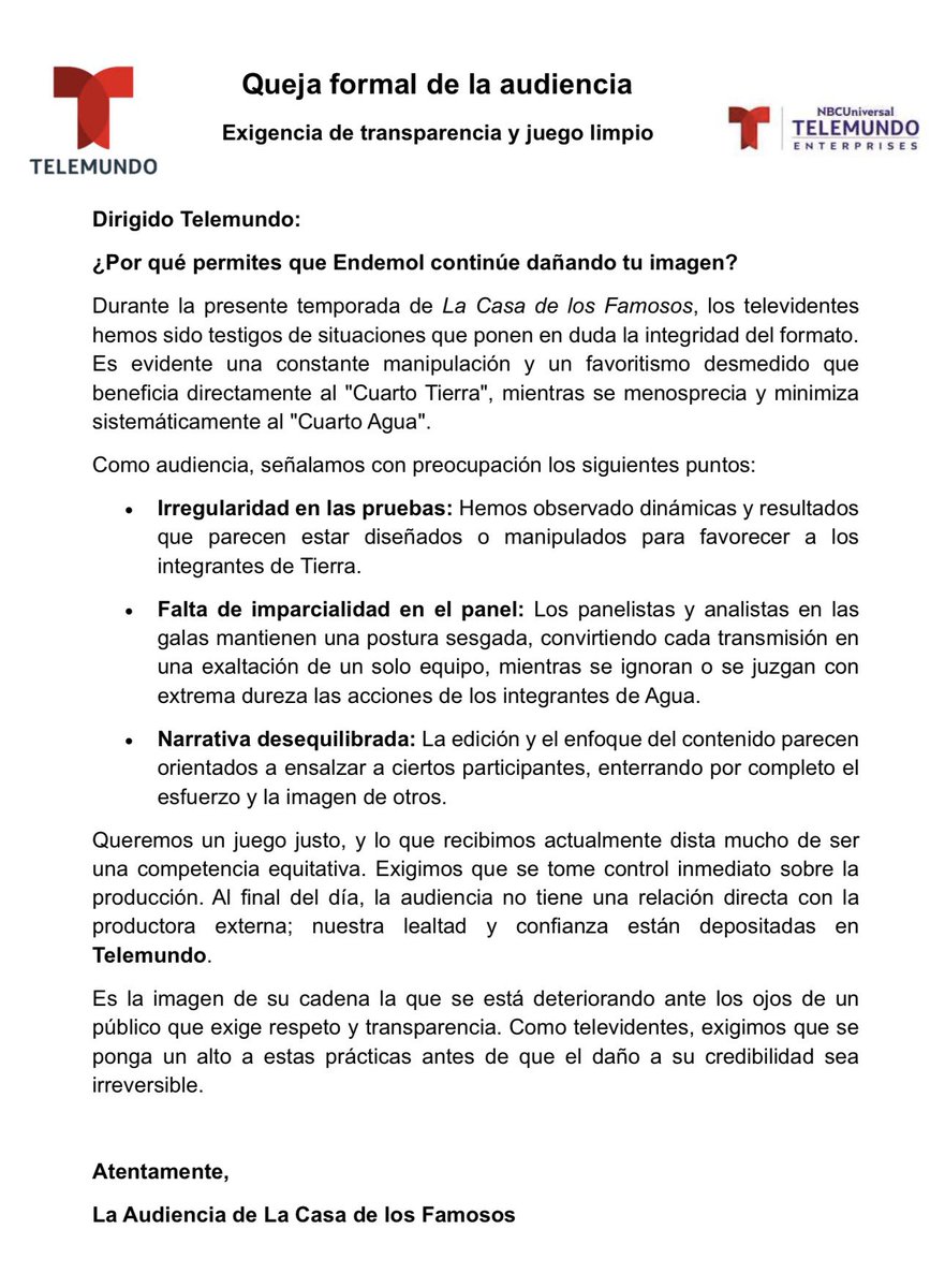 Leer y compartir,  vamos a hacer que esta quejar formar de la audiencia le llegue a los ejecutivo de <a href="/NBCUTelemundo/">NBCUniversal Telemundo Enterprises</a> y <a href="/Telemundo/">Telemundo</a> ya que <a href="/EndemolShineUS/">Endemol Shine North America</a> está dañando su imagen. #LCDLF6