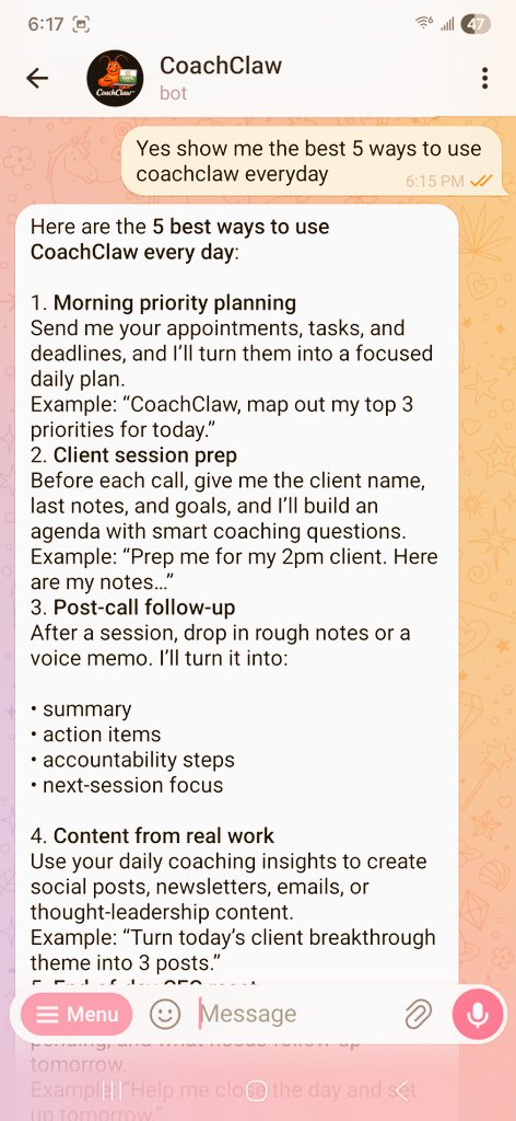 AgentConcierge1's tweet photo. Having an AI assistant help you save 2 hours of work a day is priceless. Powered by @openclaw
#coachclaw https://t.co/588Bzs7Wlq