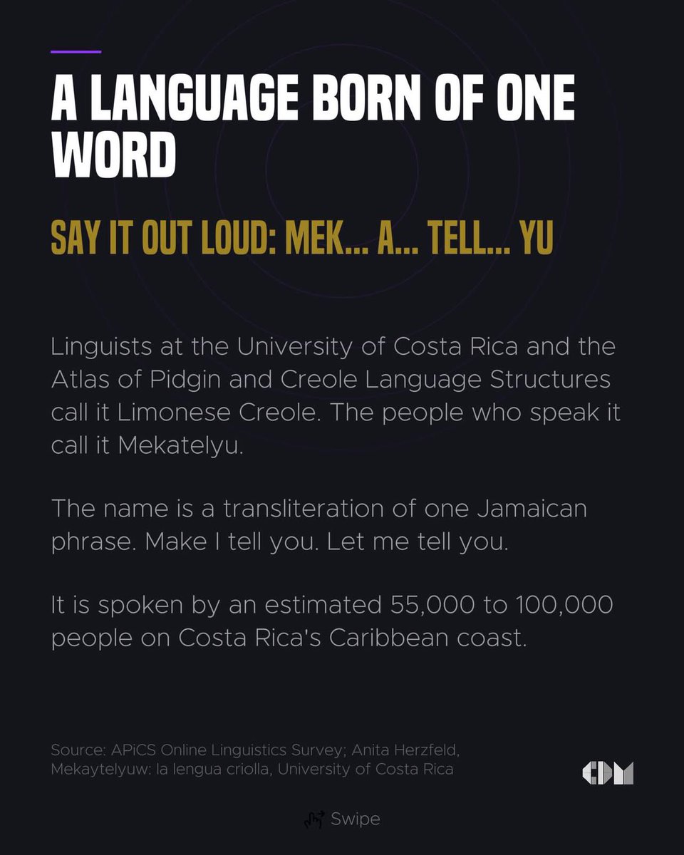 Mekatelyu is a Jamaican language spoken in Costa Rica. Linguists call it Limonese Creole. 

The people who speak it call it make I tell you. Roughly 100,000 of them live on Costa Rica’s Caribbean coast, descendants of Jamaicans who arrived in 1872…

threads.com/@cdmjamaica/po…