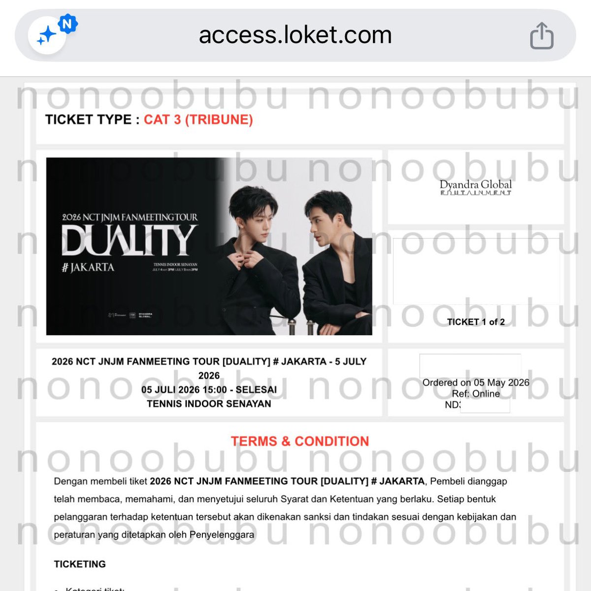 WTS / want to sell nct JNJM Fanmeeting Tour Duality Jakarta 2026

CAT 3 - 2 tix (day 2)

✅presale wv membership
✅diurus sampai jadi wb
✅all proof
✅COD
📍Tangsel

t. wts wtb fm jeno jaemin nct dream jkt
#NCT_JNJM_DUALITY_IN_JAKARTA