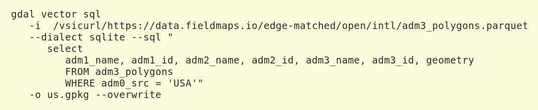 postholer's tweet photo. @spatialthoughts No python, duckdb, geopandas. Throw it all in the garbage. A simple gdal/sql one-liner using your query: https://t.co/J8rO37wKXX