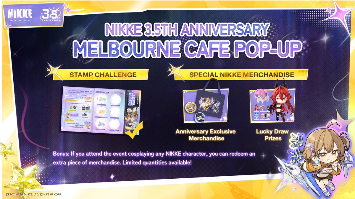 NIKKE_en's tweet photo. 【Melbourne Cafe Pop-up】

3 days to go, Commanders. Melbourne, we're almost there.

Here's everything you need to plan the trip 

📍 Lovey Patisserie Cafe 26 Berrbang Lane, Melbourne VIC 3000

🚆 Public Transport
• Metro: Melbourne Central / Flagstaff Station  
• Tram: 19 / 57 / 59 to Queen Victoria Market / Elizabeth Street

🚗 Parking Nearby  
• Franklin Street Parking 
• Queen Victoria Market Undercover Car Park

Complete the Stamp Challenge during the event to redeem special NIKKE merchandise.  
🎁 Anniversary Exclusive Merchandise  
🎲 Lucky Draw Prizes  
🌟 Cosplay Bonus: Attend the event cosplaying any NIKKE character to redeem an extra piece of merchandise!

📅 Saturday, May 9  
🕦 11:30 AM – 5:30 PM (UTC+10)

Your starlit adventure in Melbourne awaits!

#NIKKE 
#NIKKEAnniversary 
#NIKKETTStar
#NIKKEAU