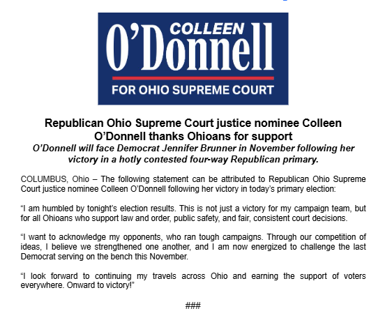 jpelzer's tweet photo. Former Franklin County Common Pleas Judge @ODonnellforOhio puts out a victory statement as returns show her with a 17,000+ vote lead in the 4-way GOP Ohio Supreme Court primary https://t.co/bqJXZMQJMx