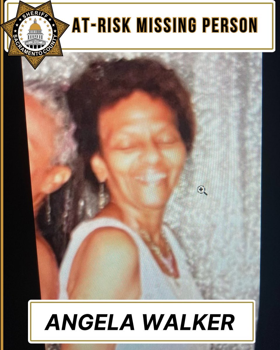 sacsheriff's tweet photo. Angela Walker, 74 years old, 5’4” tall, approximately 100 pounds, with grey hair. ***This photo shows her with darker hair, but please note that her hair is now grey in color. The length and style remain the same.*** She was last seen wearing a purple hat, peach-colored sweater, and black pants. She was last seen around 10:30 AM walking from the 7200 block of Florin Mall Dr.

Angela is considered at risk due to dementia and Alzheimer’s.

If seen or located, please call the Sacramento County Sheriff’s Office at 916-874-5115.
