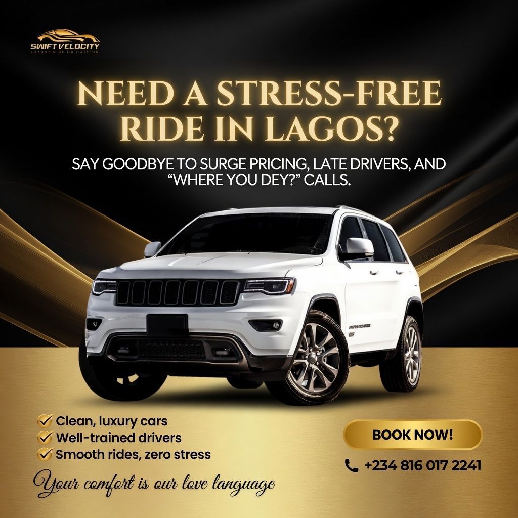 Swiftvelocity_'s tweet photo. 🚗 Looking for a stress-free ride in Lagos?
No surge pricing, no late drivers, no more “Where you dey?” calls!
Swift Velocity. Smooth rides, clean luxury cars &amp; professional drivers.
Your comfort is our love language 💛 #
📲 Book now +2348160172241
#SwiftVelocity #LuxuryRideLagos https://t.co/YalxsZAlwH
