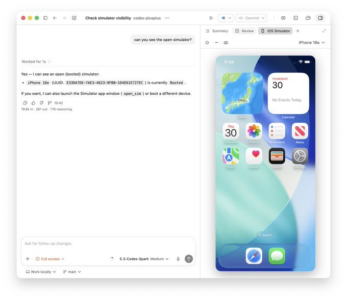 这个很方便，在 Codex++ 右侧面板中嵌入一个无头 iOS 模拟器镜像标签页，支持触控、滑动和硬件按钮转发
github.com/b-nnett/codex-…

📱一边让AI写代码，一边在右侧实时看到App运行效果，点击、测试、调试，全都不用离开当前界面，开发效率直接翻倍