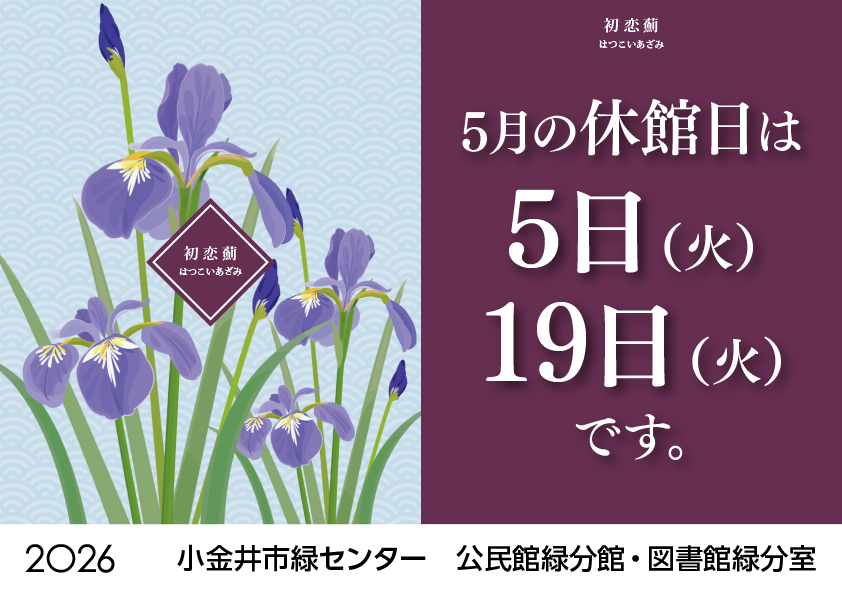 midori_com_lib's tweet photo. 毎月第1、第3火曜日は、緑センター（公民館・図書館）の休館日です。
#休館日 #緑センター #小金井市 #公民館緑分館 #図書館緑分室 #初恋薊 #はつこいあざみ #2026年5月 https://t.co/s6TeDHxloI