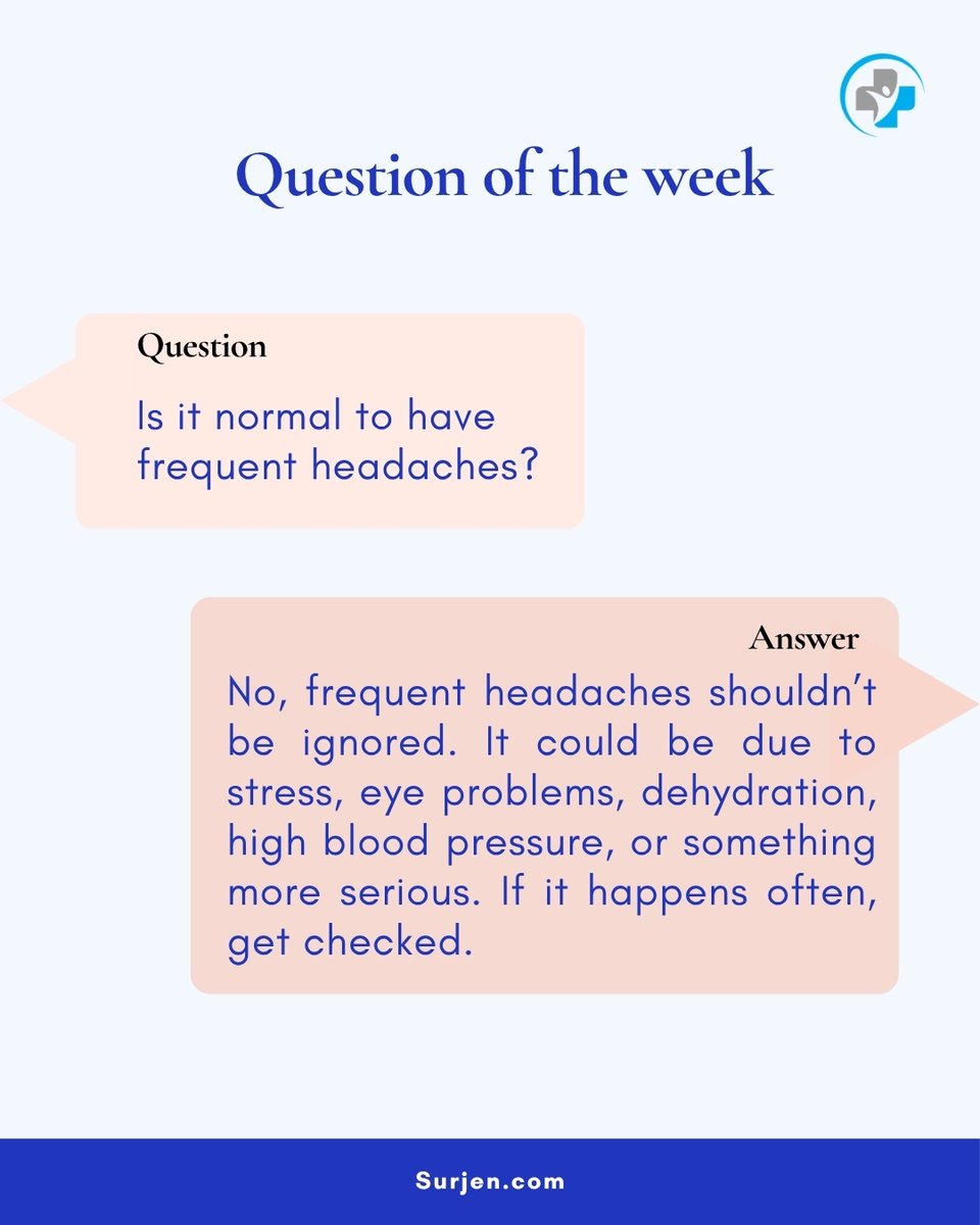 SurjenHealth's tweet photo. That frequent “normal” headache you keep ignoring? It might not be normal.
It can be a sign of underlying issues like stress, dehydration, vision problems, or high blood pressure.

Don’t wait until it gets worse.
https://t.co/RnhVjyr7op
#HealthTips #StayHealthy #EarlyDetection https://t.co/ab5RHz6yh1