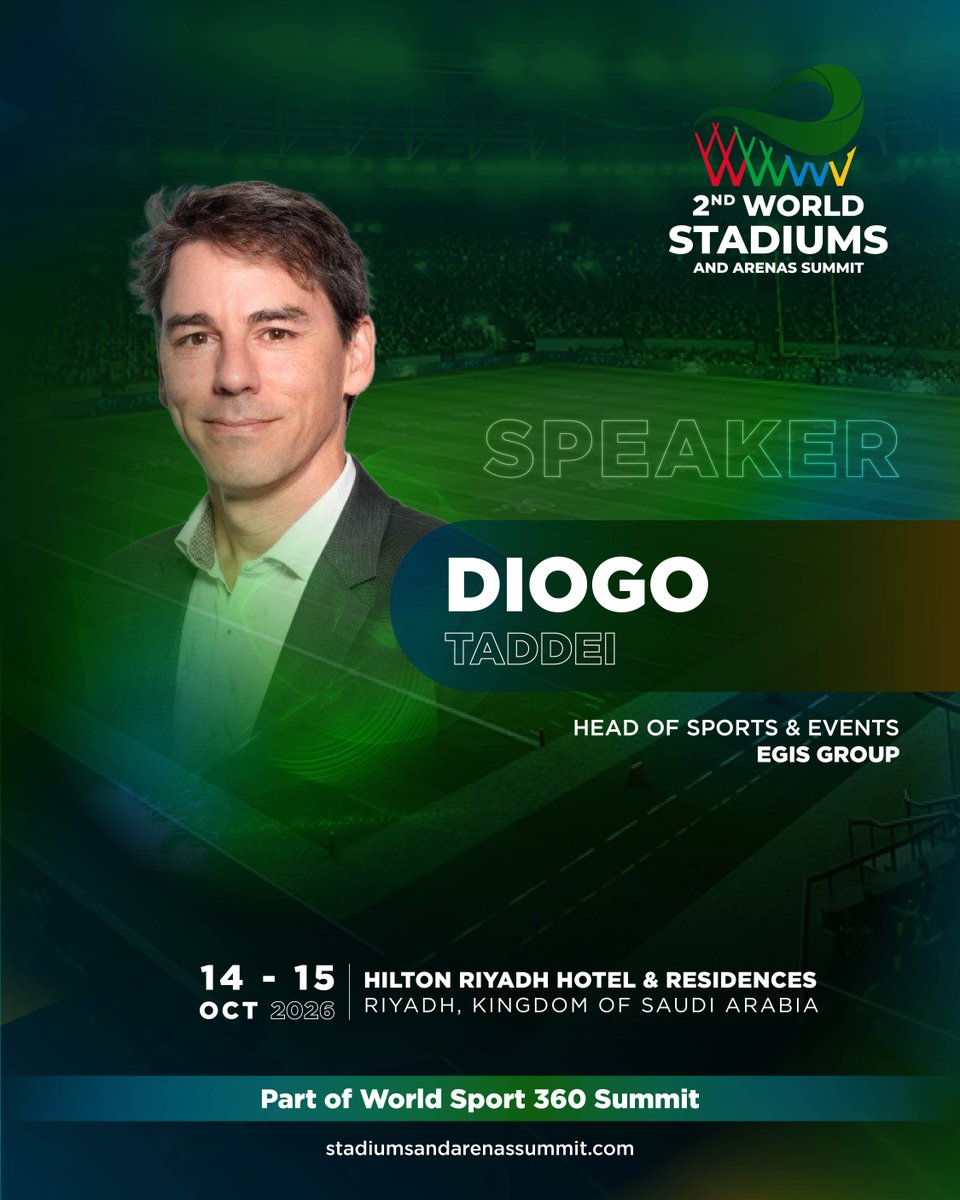Engineering the future of sports venues. Diogo Taddei, Head of Sports &amp; Events at EGIS Group, takes the stage at #WSAS2026 to explore how design, safety &amp; sustainability shape world-class stadiums.

📅 31 Mar–1 Apr 2026 | 📍 Riyadh
🔗 stadiumsandarenassummit.com

#EgisGroup