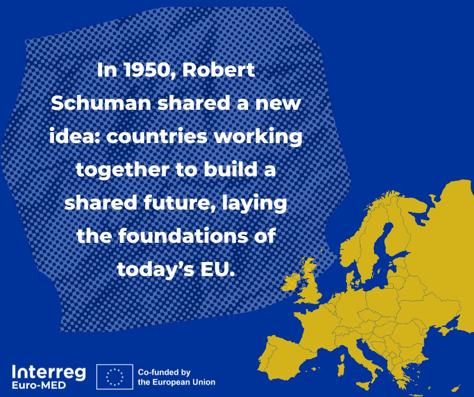 InterregEuroMED's tweet photo. 🇪🇺On this day in 1950, Schuman had a simple idea that became the foundation of today’s European Union.

So in the end, Europe Day is a bit like a birthday… for cooperation. 🎂

Happy Europe Day to all! ⭐️💙
#InterregEuroMED #EuropeDay #Interreg https://t.co/PSnivjvZuh