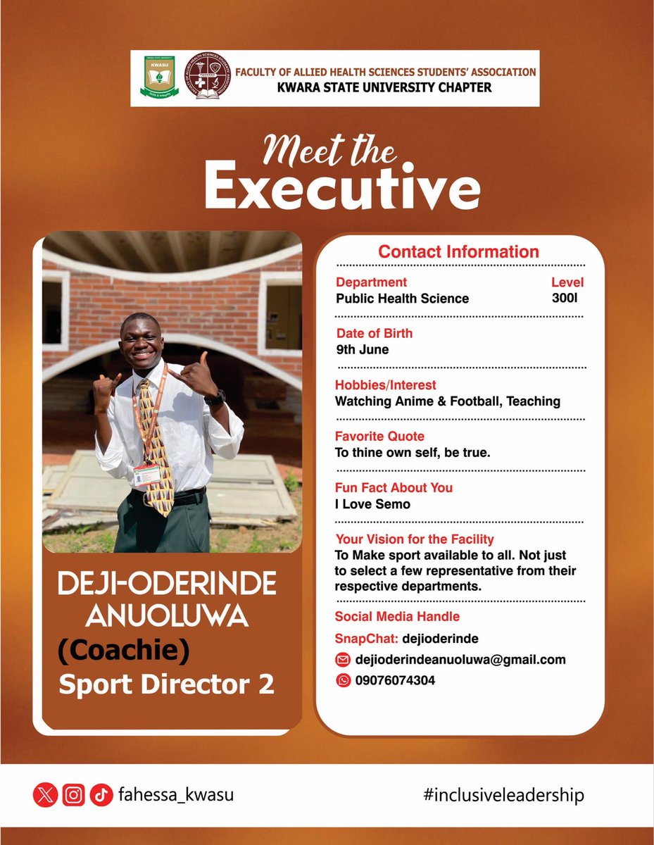 FAHESSA_KWASU's tweet photo. Know Your Executives: FAHESSA Spotlight ✨

Meet the Sports Director II - charismatic, a creativity, and pure energy.

Always a step ahead, rallying the team and turning pressure into wins with style, no wonder we call him STEEZE!!!

Stay tuned
#InclusiveLeadership #fahessa https://t.co/3UHo2JNHb6
