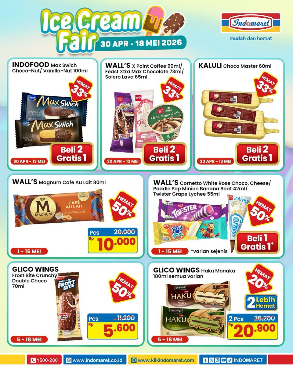 🍦✨ ICE CREAM FAIR ✨🍦

Siap-siap borong es krim favorit kamu dengan promo menarik hanya di Indomaret! 😍

Jangan sampai ketinggalan ya, Sobat!

📆 Periode : 30 April - 18 Mei 2026